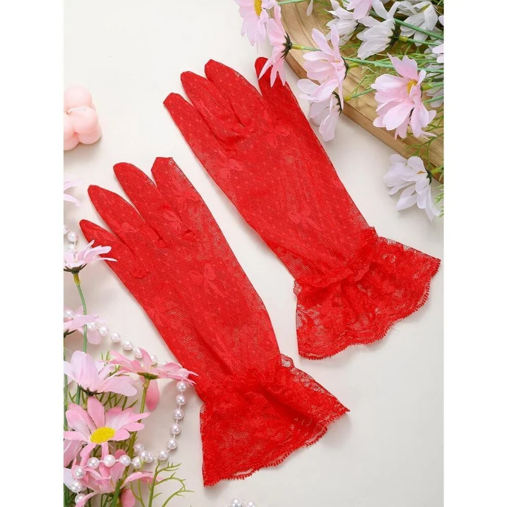 Women's Elegant Dress Up Lace Gloves Dark Red Halloween Wedding Parties Prom